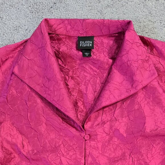 Eileen Fisher 100% Silk Dark Pink Fuschia Crinkle Texture Button-Up Jacket - Picture 4 of 8
